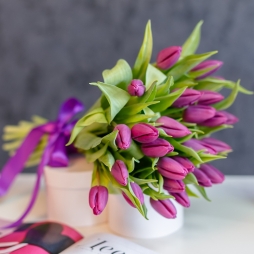 Buchet cu lalele mov, 25 fire cu dimensiunea de 35-45 cm, legate cu o panglica de satin mov alt vedere product